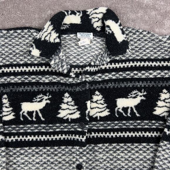 Moose Evergreen Fleece Jacket Size L Black Cream Fair Isle Nordic Print Collar - Picture 2 of 4
